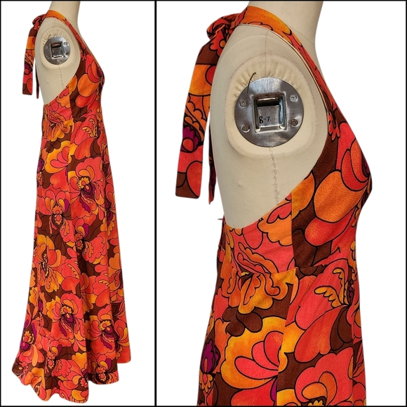 Vintage 1960s 1970s Neon Barkcloth? Halter Maxi Dress Summer Floral 10 M - Picture 5 of 16